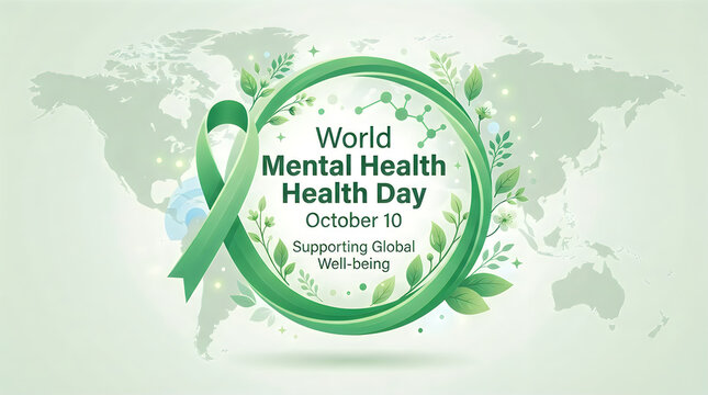 World mental health day concept with a green awareness ribbon and decorative floral elements on a map background