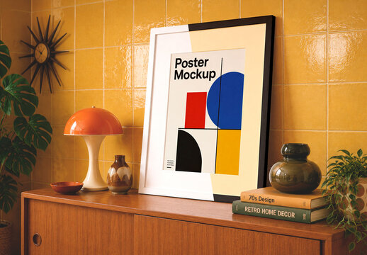 Retro Living Room Poster Frame Mockup with Mid Century Interior