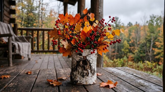 Colorful autumn leaves in a rustic wooden vase. Seasonal fall decor for cozy homes.
