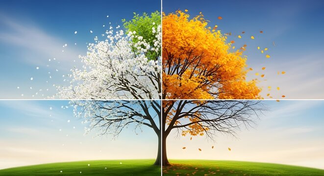 Conceptual image of a single tree showing the transition from autumn to the first day of winter season