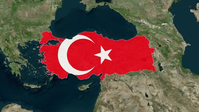 Turkey map zooms and reveals flag animation on world satellite view turkish zoom reveal geography travel location country middle east eurasia political global international border
