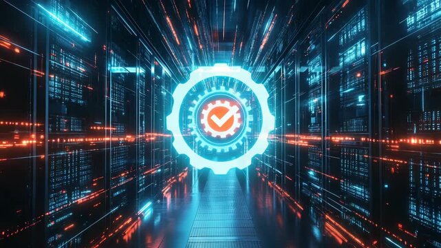 High tech data center with luminous verification symbol, secure server racks, encrypted cloud network, cybersecurity protection, digital storage infrastructure futuristic technology background design