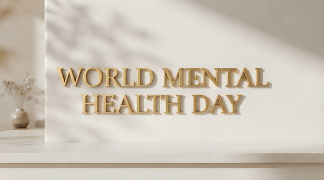 Minimalist background with elegant typography for world mental health day celebration featuring soft natural leaf shadow overlay design