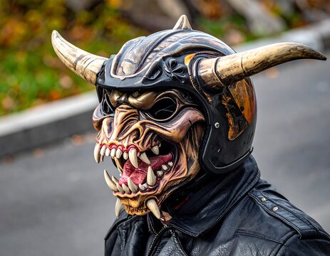 A person wearing a grotesque mask with sharp teeth and horns