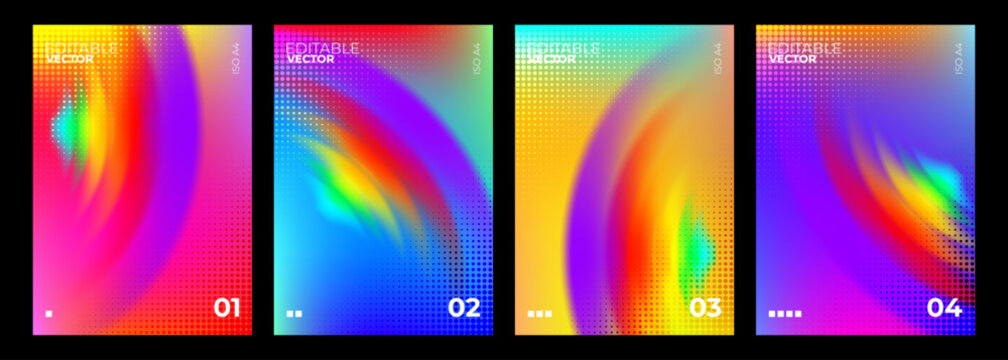 Abstract neon gradient mesh grid poster vector template set. Collection of four A4 vertical layouts with concentric halftone dot circles and glowing colorful waves. Vector Illustrator AI