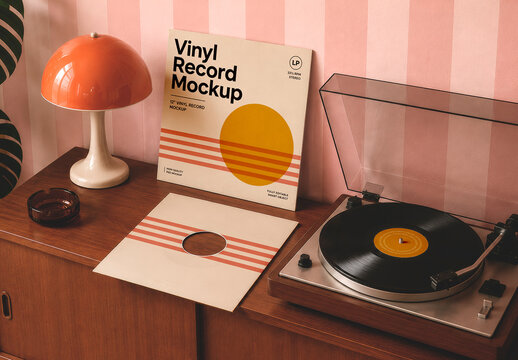 Retro Vinyl Record Mockup with LP Cover Sleeve and Turntable Scene