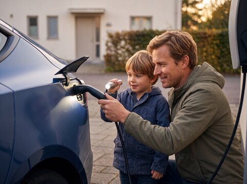Vater und Sohn laden gemeinsam l&auml;chelnd ein Elektroauto mit dem Ladekabel an der heimischen Wallbox in der Einfahrt