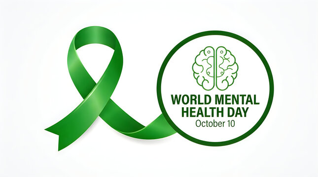 Green awareness ribbon and circular badge design for world mental health day to support psychological wellbeing and awareness