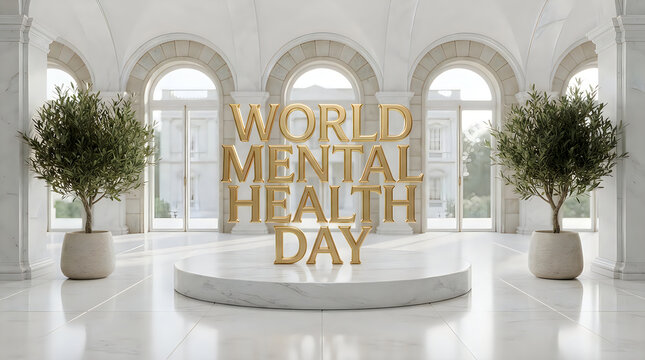 Elegant gold lettering display for world mental health day in a bright modern hall with decorative trees