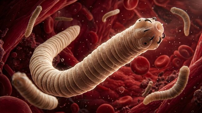 Microscopic view of a parasitic worm and red blood cells, illustrating a biological infection or disease