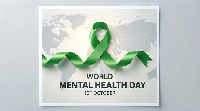 Green awareness ribbon on a world map background for the annual observance of world mental health day event