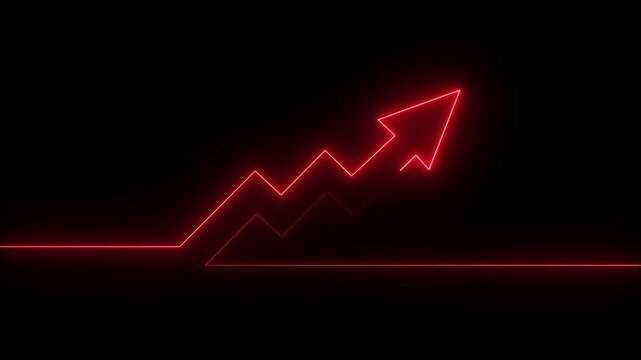 Abstract neon arrow business graph chart icon animation background. Market Recovery Concept. Successful growth trend Green line graph going Up. on the black, background Financial data and diagrams