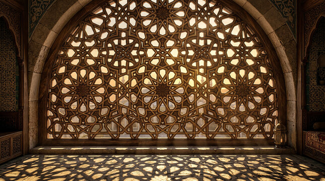 Magnificent arched window with complex geometric lattice, sunlight filtering through creating dappled shadows.