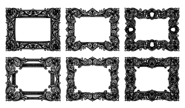 Vintage ornate rectangle frame vector set with detailed black baroque filigree and luxury Victorian borders