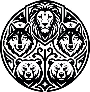 Bold lion and wolf emblem logo design. Symbolic animal crest for branding and identity.