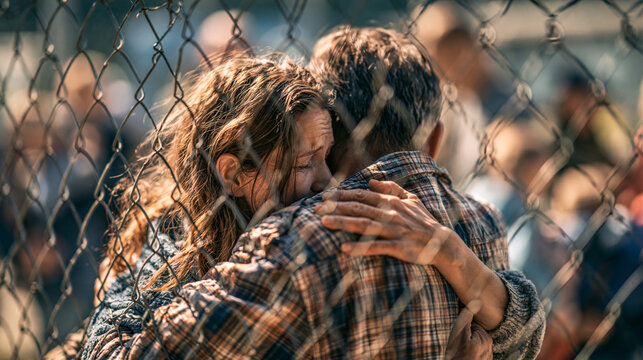 Relatives embrace through a temporary fence at a reopened border crossing, divided families with emotional restrained mood and blurred background copy space