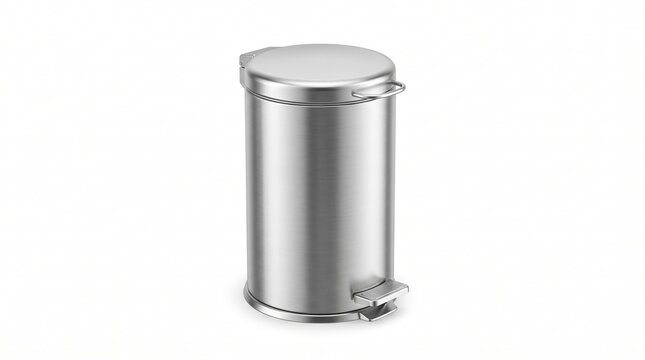 Modern stainless steel trash bin with foot pedal isolated on white background for waste management 3D illustration