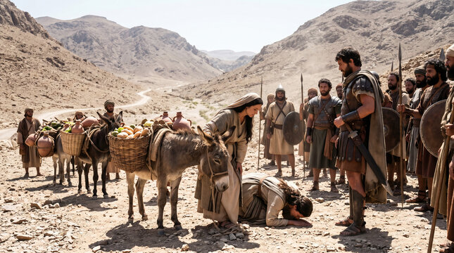 Abigail bringing a massive, generous offering of bread, wine, roasted grain, and figs on donkeys to stop David's wrath