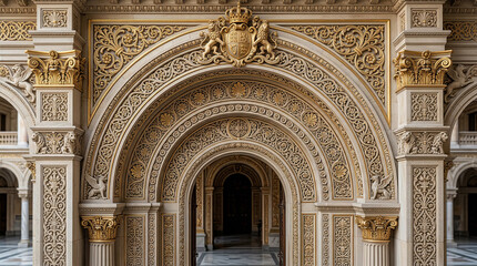 Obraz premium Ornate neoclassical architectural facade with grand arches, detailed carvings, and golden embellishments.
