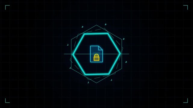 Digital security concept with locked document icon in futuristic hexagon frame.