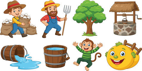 Fototapeta premium Cartoon Farm Vector Set with Friendly Farmers Wooden Water Well Buckets Straw Hats Big Green Tree and Playful Monkey Character for Kids Storybooks