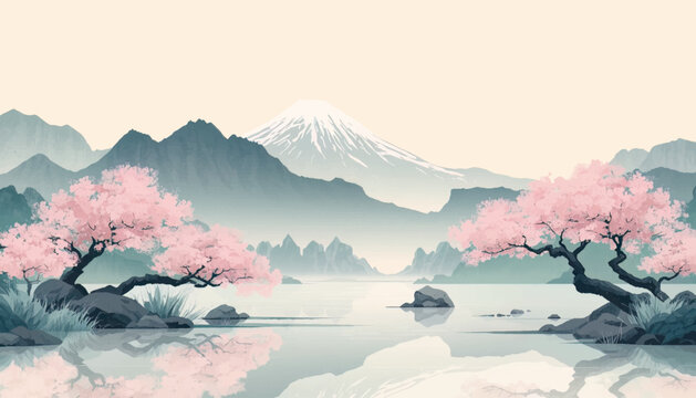 Japanese inspired vector landscape featuring Mount Fuji, cherry blossoms, and a calm lake. Ideal for cultural designs, travel branding, spring campaigns, Asian themes, and elegant nature artwork.