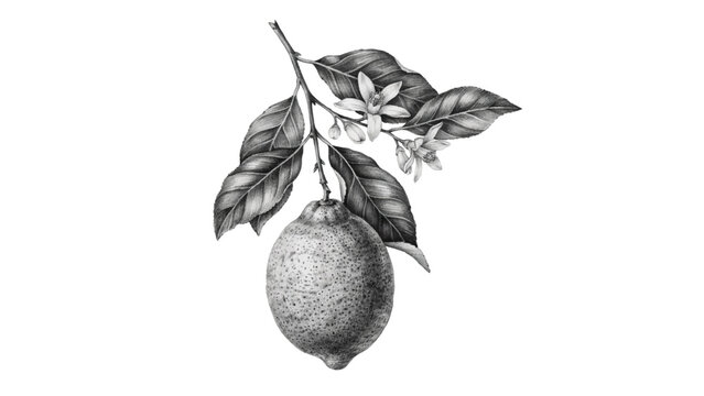 Vintage hand drawn botanical illustration of a lemon fruit with leaves and blossoms botanical illustration engraving monochrome isolated agriculture