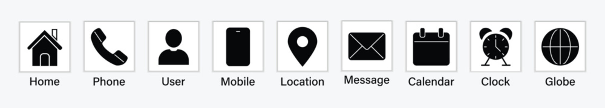 Contact icon set. Contact and communication icon set. Home, phone, user, globe, email, calendar and location. Outline contact information icons set represents common communication methods for business