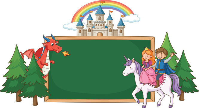 Fantasy Fairytale Blackboard Template Vector with Prince and Princess Riding Unicorn Red Dragon Fairytale Castle Rainbow and Pine Trees for Kids Banner