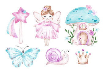 Fototapeta premium Cute hand-drawn watercolor fairy clipart. For designing baby shower, birthday party card, invitation, banner. Girls clipart isolated on white. Pink, purple fairy, princess set