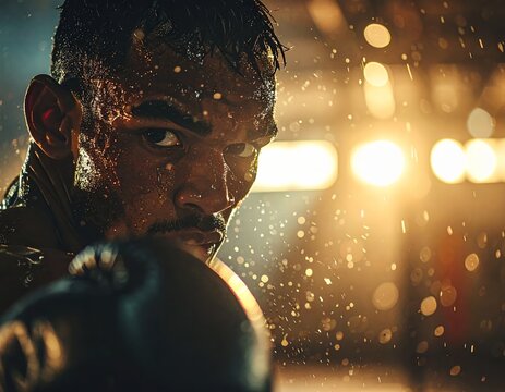 Intense Boxer Focused During Training Session With Sweat and Water Droplets.