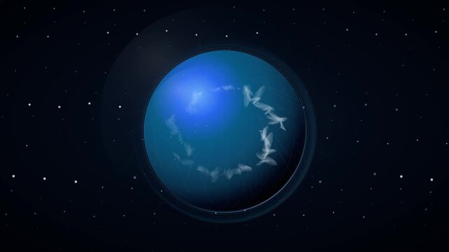 Cinematic blue planet in deep space, glowing celestial orb with ethereal butterfly ring, mystical galaxy background with twinkling stars