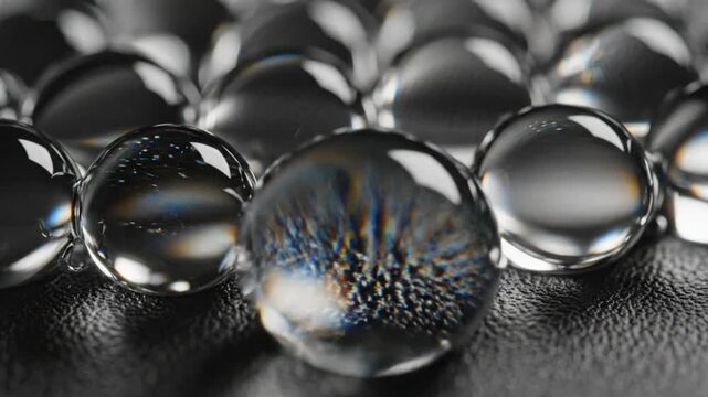 Close-up macro of clear gel water beads creating a beautiful shimmering effect on a textured black surface