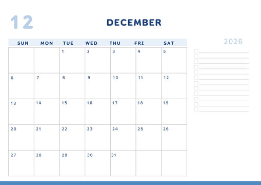 Minimalist Calendar Planner - december 2026