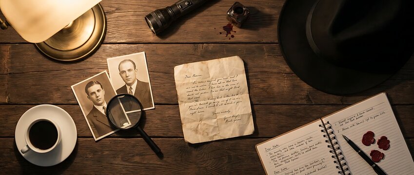 Detective investigation scene with vintage items including coffee, hat, magnifying glass, photos, letter, ink and flashlight on wooden table.