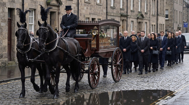 Traditional horse-drawn funeral carriage transporting a casket while mourners walk respectfully behind.
