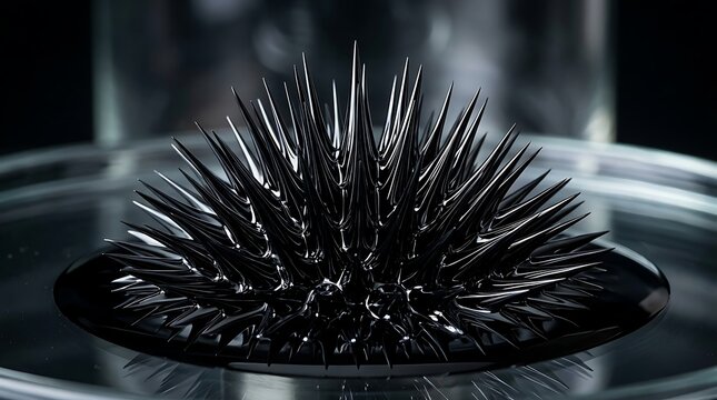 Black ferrofluid forming sharp spikes in a magnetic field