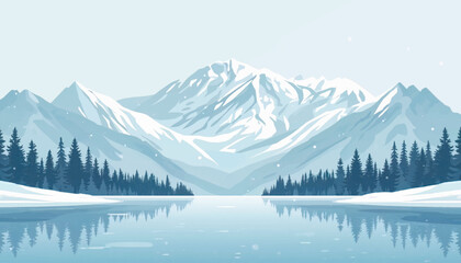 Fototapeta premium Winter vector landscape featuring snowy mountain range, pine forest, falling snow, and frozen lake. Suitable for holiday graphics, outdoor campaigns, travel promotion, and winter themed designs.