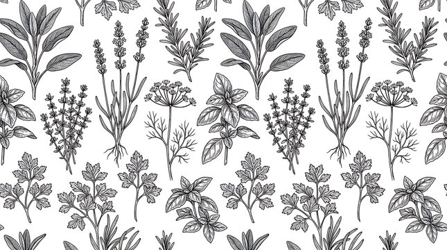 Seamless pattern of hand drawn garden herbs in engraving style