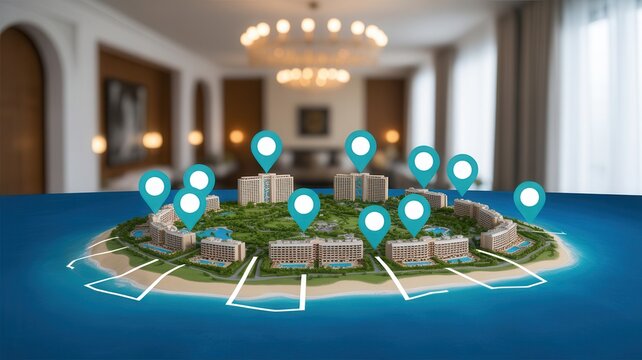 Miniature island resort with hotel buildings. Real estate development concept.