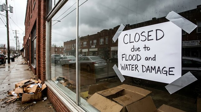Store front display window featuring handwritten sign announcing business closure because of recent flood and water damage with soggy cardboard boxes on exterior dirty sidewalk.