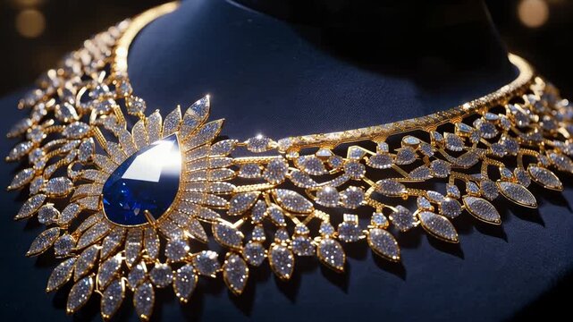 Sparkling gemstone necklace with sapphire centerpiece and layered diamonds on black background creates luxury jewelry scene for fashion elegance glamour bridal style wealth premium accessory display