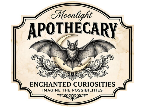Vintage Moonlight Apothecary label with bat silhouette and mystical enchanted curiosities theme on aged parchment for Halloween and gothic decor
