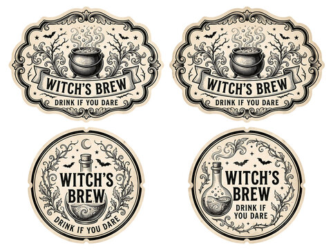 Set of vintage Halloween apothecary labels with "Witch's Brew" text, smoking cauldron, and potion bottle icons in classic engraving style for party decorations
