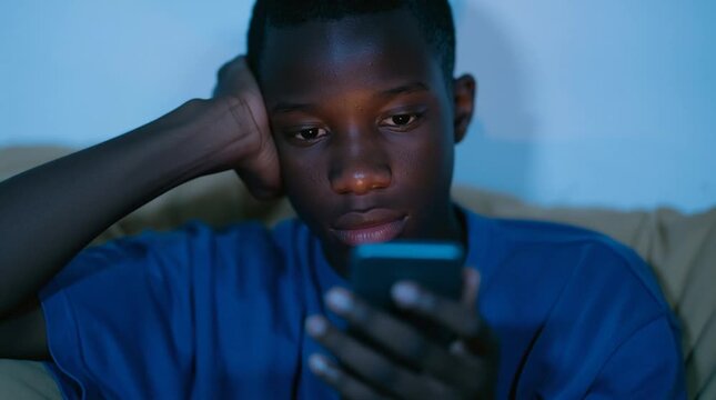 Dark Brown teen is using their device, gadget: screen time, parental controls