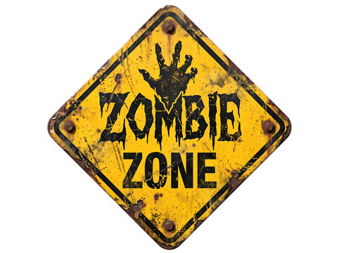 Distressed yellow diamond zombie zone warning sign with bloody handprint and rusty metal texture for Halloween and horror concept
