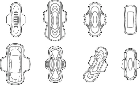 Outline vector set of feminine hygiene sanitary pads and panty liners in line art style