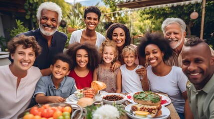 Fototapeta premium A diverse family of different generations celebrating together at a festive outdoor meal in a lush garden setting