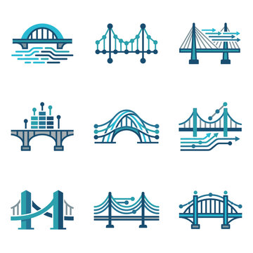 Abstract bridge icons with digital data technology elements.
