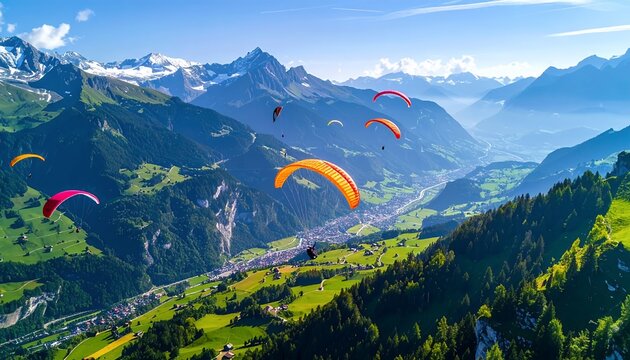 Paragliders Soaring Over Lush Green Swiss Alps Valley Scenic View.